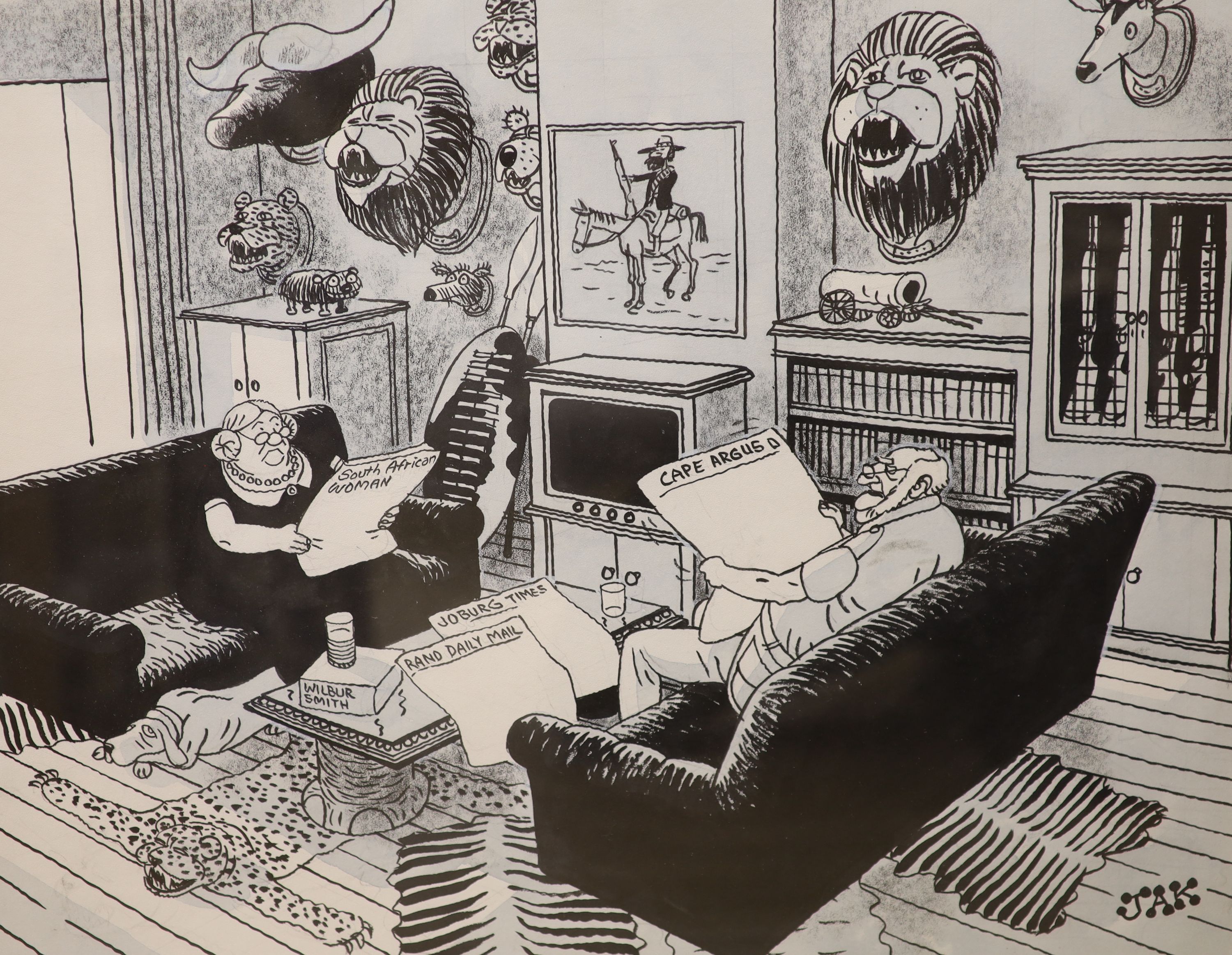 JAK (Raymond Allen Jackson) (1927-1997), three original artwork cartoons, 'Nothing in the papers', 'Don't want rabbit' and 'Good week at the office', all inscribed in pencil and dated 1986-1990, 51 x 59cm and 40 x 76cm